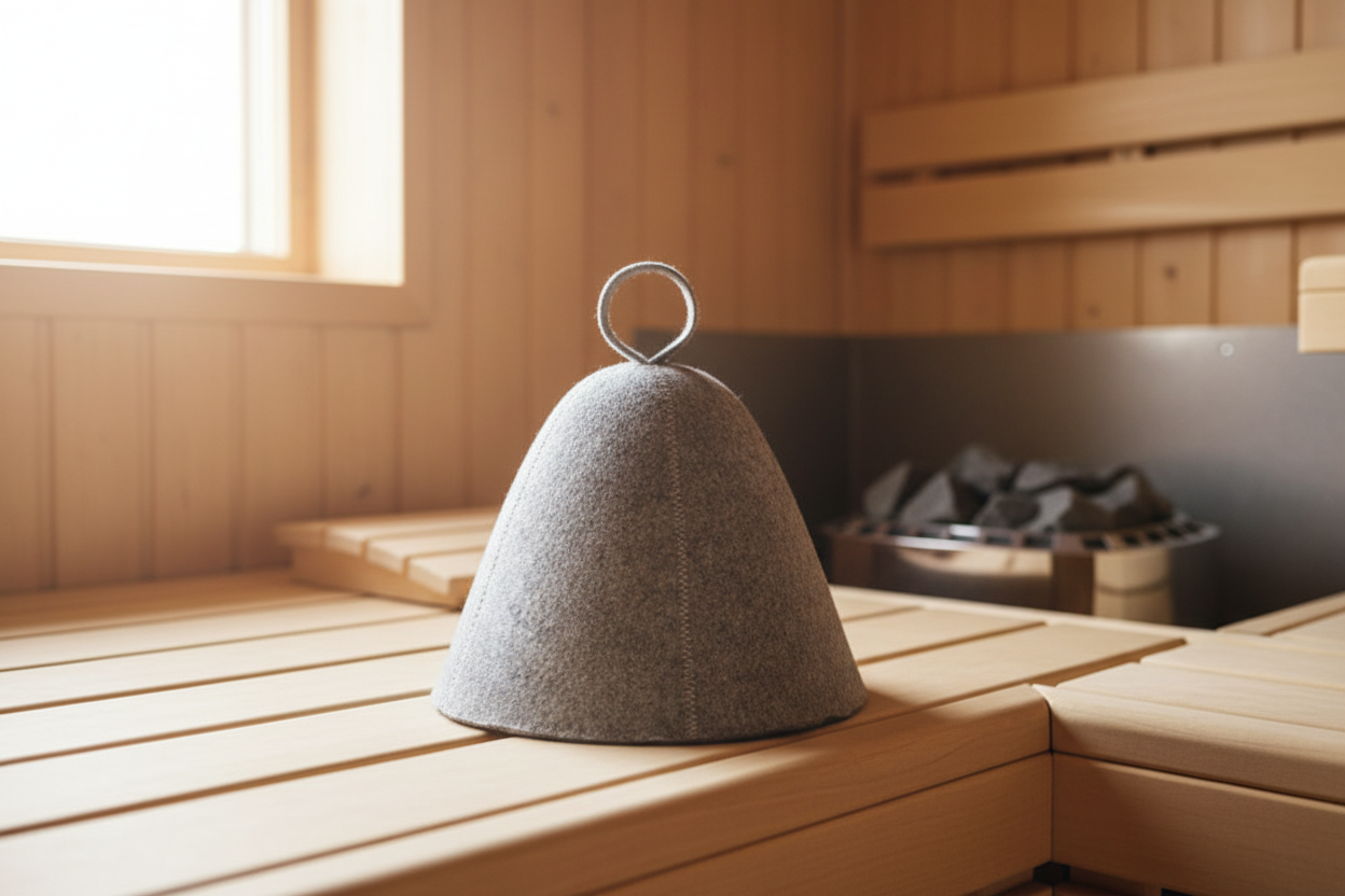 Sauna hat – Gri, cu buclă de agățare | Protecție termică & confort